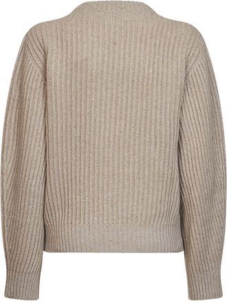 Brunello Cucinelli Womens Sweater Ribbed Crewneck Beige Cashmere