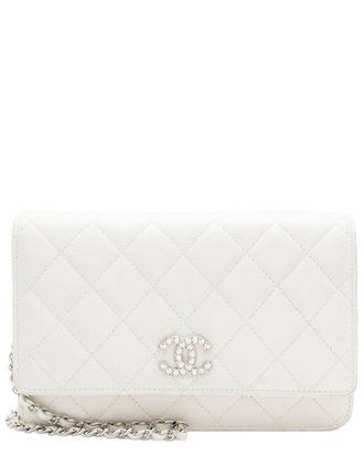 Chanel White Lambskin Crystal Cc Wallet On Chain (Authentic Pre-Loved)