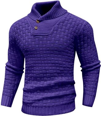 Generic Mens Winter Jumpers Warm Knitted Stand Collar Jumper Long Sleeve Knitwear Pullover Sweaters for Men Buttons Twisted Winter Tops (Purple, L)