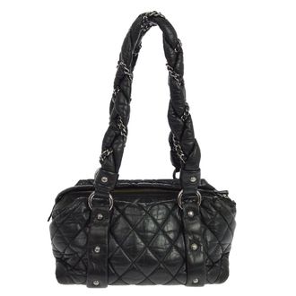 Chanel Lady Braid Bowler Quilted Distressed Calfskin Black Leather Handbag (Pre-Owned)