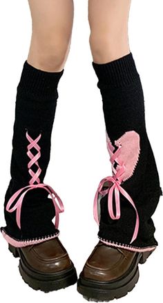 SHEKINI Womens Knitted Winter Cuffs Lolita Crochet Thigh High Socks, Black+Pink