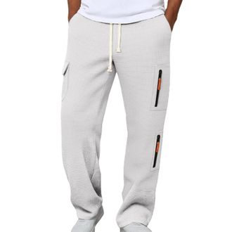 Generic Waffle Trousers Men cargo trousers for men uk Elastic Waist Drawstring Solid Colour Baggy Wide Leg Sweatpants with Pockets Loose Casual Lounge Pants M