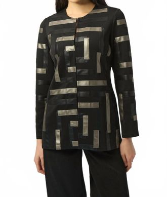 Joseph Ribkoff Scuba & Leatherette Collarless Jacket In Black/ Multi