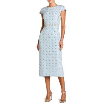 Mac Duggal Beaded Short Sleeve Crew Neck Sheath Midi Dress in Powder Blue at Nordstrom, Size 16