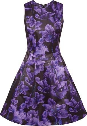 Philipp Plein Duchesse Midi Jurk Bloemen - Dames - Feestkleedjes - Paars - XS - Polyester - Kleedjes