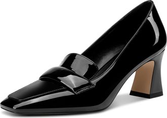 Castamere Womens Chunky Block Mid Heel Square Toe Pumps Court Shoe Slip-on Office Dress Patent Leather Loafers Shoes 7 CM Heels Black 5 UK