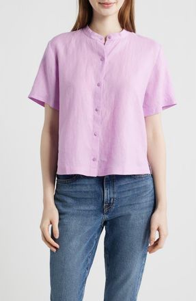 Eileen Fisher Short Sleeve Organic Linen Button-Up Shirt in Bright Aster at Nordstrom, Size Xx-Small