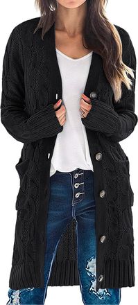 Merokeety Womens 2025 Long Sleeve Cardigan Sweater Fall Winter Cable Knit Open Front Button Long Outerwear, Black, XXL