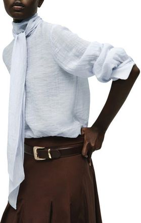 Mango Tie Neck Textured Shirt in Sky Blue at Nordstrom, Size 6