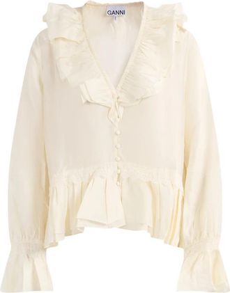 Ganni Viscose Zijde Habotai Ruche Blouse - Dames - Blouses - Beige - XS - Overhemden