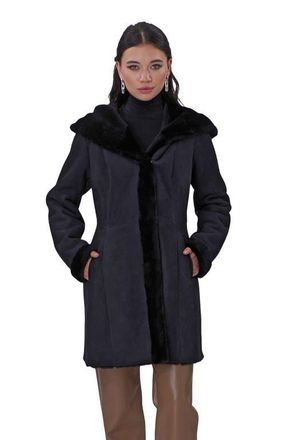 Gorski Genuine Shearling Hooded Stroller in Black at Nordstrom, Size X-Large