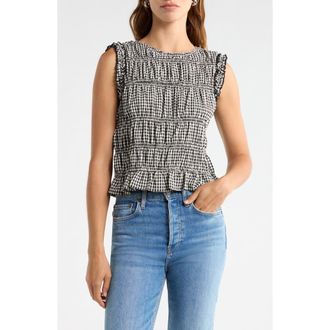 Vince Camuto Gingham Smocked Ruffle Trim Top in Rich Black at Nordstrom, Size Xx-Large