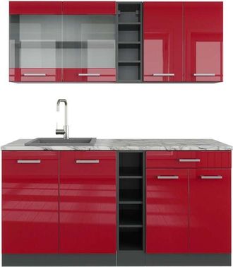 Vicco Cucina completa R-Line, Bordeaux lucido/antracite, 160 cm, pl Marmo