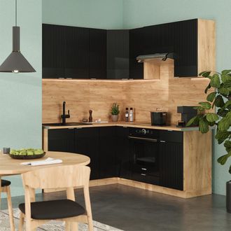Vicco Cocina Esquinera Fame-line, Rayas Negras/roble Dorado, 160 X 190 Cm, Et Antracita, Vicco