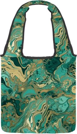 Generic Aquamarine Gold Pattern Reversible Canvas Shoulder Tote - Double-Sided Print, 12oz Cotton, 27cm Drop, Fold-Flat Bag for Travel, Shopping, Street Outin
