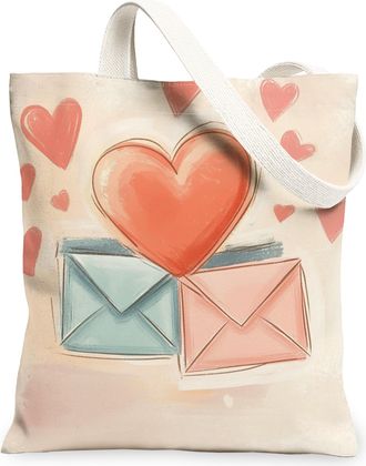 Generic Heart Envelope Canvas Tote Bags, Cute Love Design Reusable Shopping Bags, Spring Artistic Lightweight Washable Shoulder Strap Canvas for Travel 13x15 