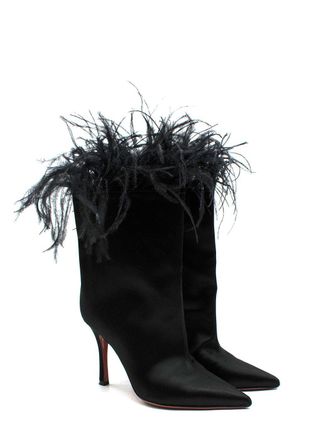 Amina Muaddi Black Satin Boots with Feather Detailing Size 35
