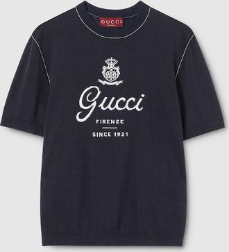 Gucci Knit Silk Linen T-shirt With Intarsia, Size XXXL, Blue, Ready-to-wear