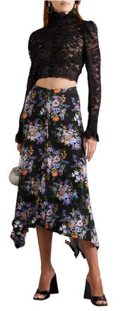 Paco Rabanne Black Floral Asymmetric Hem Skirt Size XS