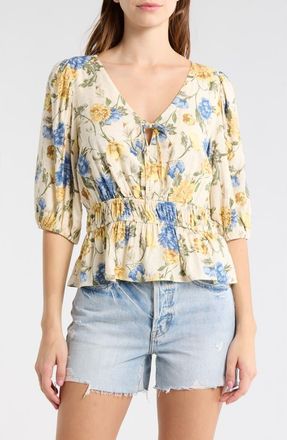 Melrose and Market Floral Smocked Peplum Top in Ivory- Blue Wallpaper at Nordstrom Rack, Size Xx-Small