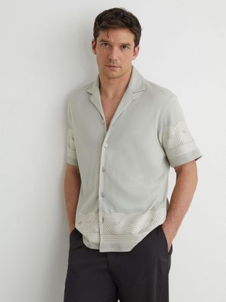 Reiss Dark Green Cotton-blend Embroidered Cuban-collar Shirt, Xxl