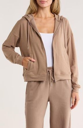 Jessica Simpson Full Zip Double Soft Hooded Sweatshirt in Taupe Gray Heather at Nordstrom Rack, Size Large