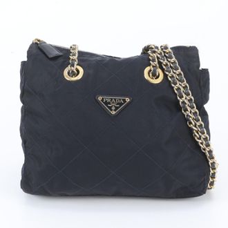 Prada Navy Leather Nylon Shoulder Bag Tote Bag (Pre-Owned)