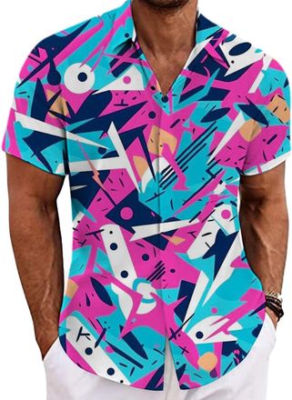 Generic Sequin Shirt for Men Short Sleeve 70s Retro Mens Shirts 80s Shirt for Men Tropical Print Button Up Shirt Casual Summer Beachwear for Nightclub 70s Dis