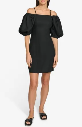 DKNY Puff Sleeve Linen Blend Sheath Dress in Black at Nordstrom, Size Small