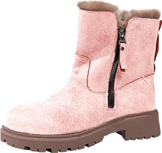 Generic Womens Ankle Boots Plush Lining Snow Boot Suede Mid Calf Boots Platform Sole Walking Boot Ladies Furry Booties with Side Zipper Round Toe Shoes Winter