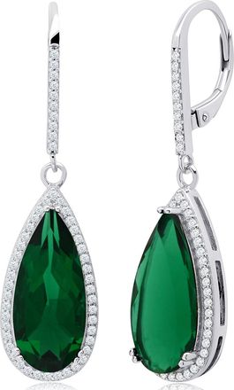 MAX + STONE Pear Cut Gemstone Quartz and White Topaz Halo Dangle Leverback Earrings in Sterling Silver (18x8mm)