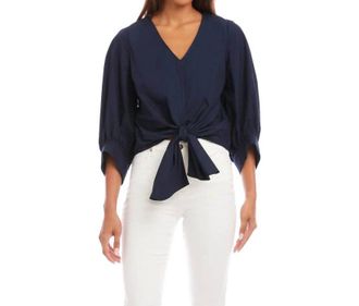 Karen Kane Blouson Sleeve Tie-Front Top In Navy