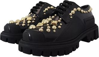Dolce & Gabbana Womens Black Leather Trekking Derby Embellished Shoes