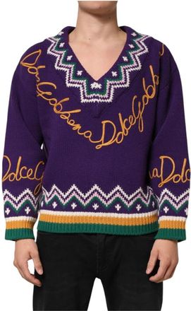 Dolce & Gabbana Paarse Wol DG Logo Gebreide Trui - Heren - V-hals truien - Veelkleurig - M - Wol - Truien & Vesten