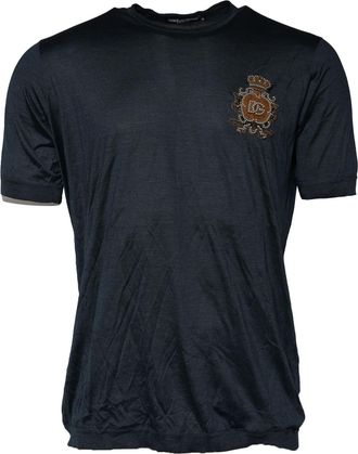 Dolce & Gabbana Dark Blue Silk Logo Patch Crew Neck Mens T-shirt (Pre-Owned)