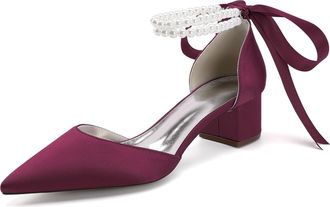 Generic Bridal Shoes Satin Womens Block Heel Wedding Shoes Pointed Toe Prom Party Dress Pumps 4.5Cm,Burgundy,10 UK
