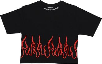 Vision Of Super Geborduurde Vlammen Crop Tee Zwart/Rood - Dames - T-shirts - Zwart - M - Katoen - Tops