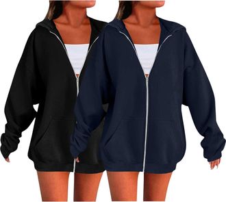Generic 2 Piece Hoodies For Women Uk Oversized Solid Color Sweatshirts For Women Uk Ladies Zip Up Plain Hoodies Cardigans Tops Long Sleeves Casual Fashion Loo