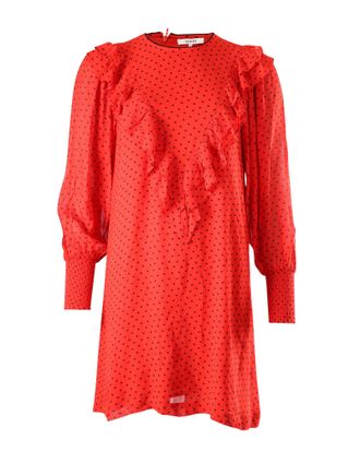 Ganni Ganni Polka Dot Ruffled Dress In Red Viscose