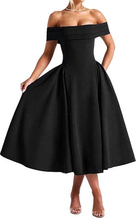 Generic Womens Off Shoulder Short Sleeve Line Dresses Elegant Wedding Evening Cocktail Prom Midi Dress Black