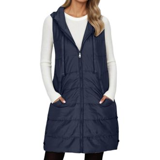 Generic Womens Gilet Long, Longline Hooded Quilted Jacket Ladies Winter Puffer Coats Black Waistcoat Women Long Vest Body-Warmer Coat With Pockets Winter Ligh