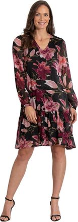 Klass Floral Printed Chiffon Dress - Black/Berry - 20
