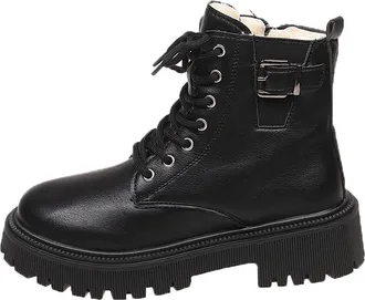 Generic Ladies Lace Up Boots Warm Comfortable Winter Booties Stylish Faux Fur Lined Low Chunky Heel Side Zipper Cosy Anke Biker Boots Outdoor Walking