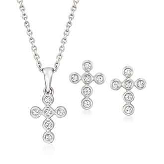 Ross-Simons Bezel-Set Diamond Jewelry Set: Cross Earrings and Pendant Necklace in Sterling Silver