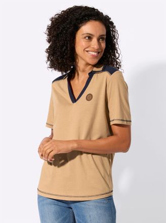 Casual Looks Kurzarmshirt CASUAL LOOKS Kurzarm-Shirt, Damen, Gr. 36, camel, marine, 50% Baumwolle, 50% Modal, gemustert, unifarben, Shirts Kurzarmshirt