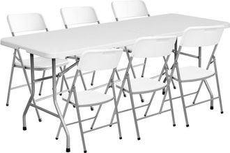 LOLAhome Conjunto de mesa rectangular y 6 sillas plegables de HDPE blanco