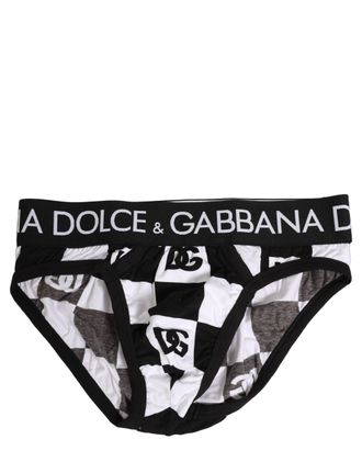 Dolce & Gabbana Mens Black White Logo Checkered Midi Brief Underwear Cotton Elastane Clothing