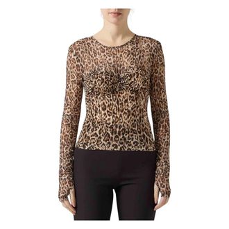 Just Cavalli Long Sleeve Tops, female, Multicolor, Size: XS Girocollo in tulle stampa leopardo
