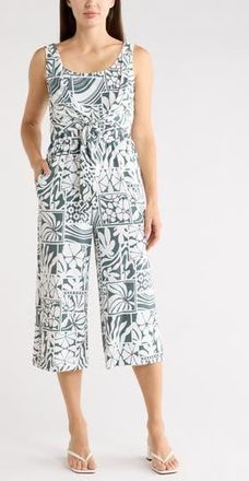 Connected Printed Sleeveless Tie Front Capri Jumpsuit in Moss at Nordstrom Rack, Size 14
