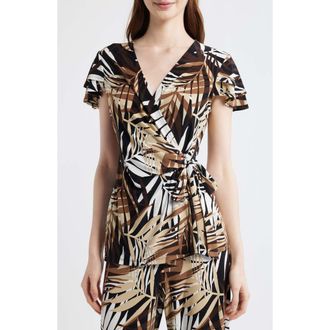 Anne Klein Leo Print Flutter Sleeve Wrap Top in Anne Black Multi at Nordstrom, Size Large